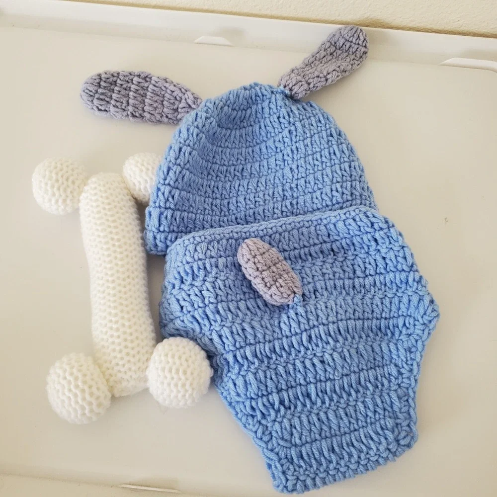 Handmade Crochet Puppy Dog Newborn Photo Prop Set Blue Hat Diaper Cover Bone
